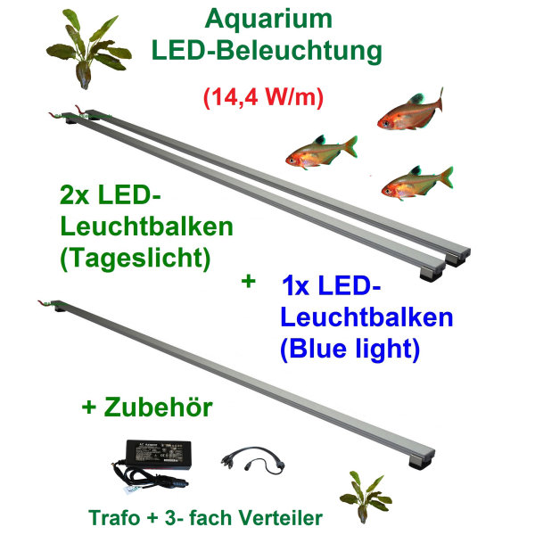 Aquarium LED 30cm, Set3: 3x Leuchtbalken (2x weiss/1x blau) mit Trafo + Verteiler