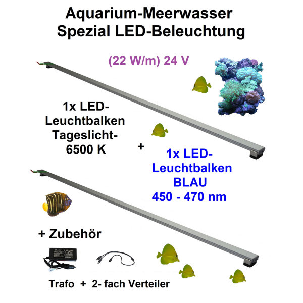Meerwasser Aquarium - LED-Leuchtbalken 80cm, 2 Leisten, Tageslicht + Blau mit Trafo 60W und Verteiler
