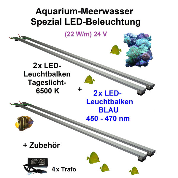Meerwasser Aquarium - LED-Leuchtbalken 200cm, 4 Leisten, 2xTageslicht + 2x Blau mit 4x Trafo 60W