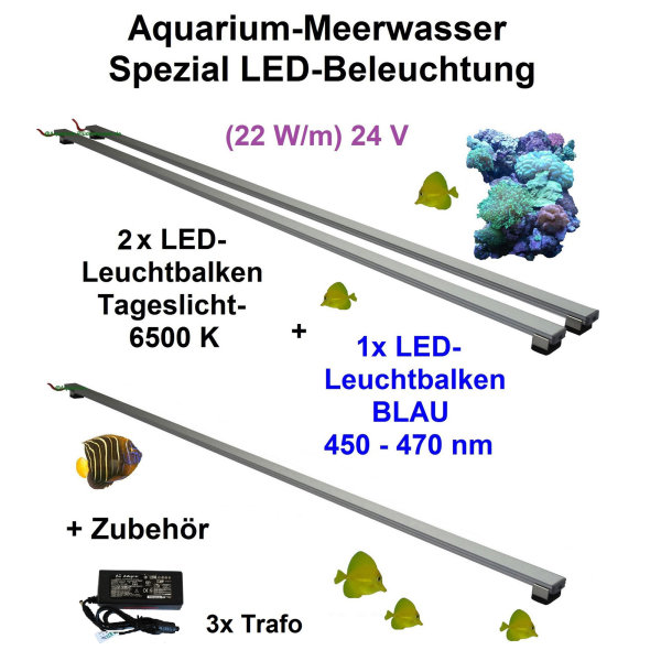 Meerwasser Aquarium - LED-Leuchtbalken 150cm, 3 Leisten, 2xTageslicht + 1x Blau und 3xTrafo 60W