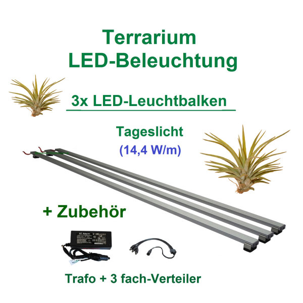 Terrarium - LED-Beleuchtung RA>95, 100 cm 3 Leisten mit 351 LEDs Trafo 60W + Verteiler