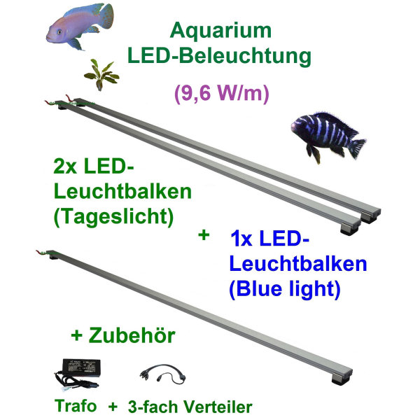Aquarium - LED-Leuchtbalken 200 cm, 3 Leisten mit 711 LEDs, Trafo 60W + Verteiler