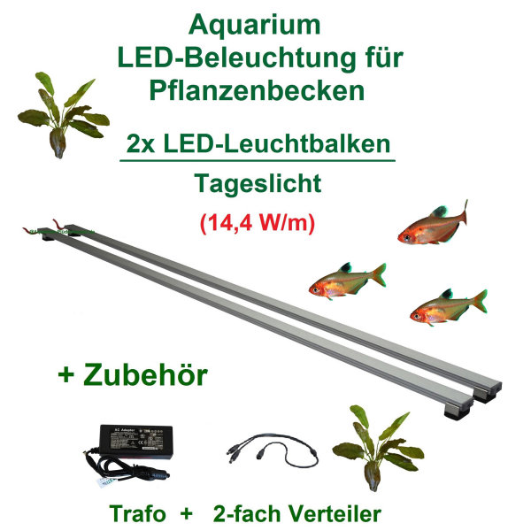 Aquarium LED 30-200cm, Set2: 2x LED- Leuchtbalken mit Trafo, 14,4 W/m, für Gesellschafts-/Pflanzenbecken