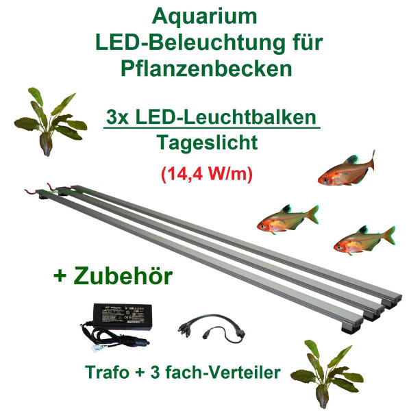 Aquarium LED 30-200cm, Set3: 3x LED-Leuchtbalken mit Trafo, 14,4W/m, für Gesellschafts-/Pflanzenbecken