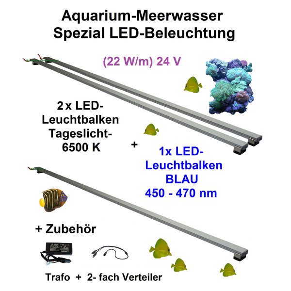 Meerwasser Aquarium - LED-Leuchtbalken 30-200 cm, 3 Leisten, Tageslicht + Blau mit Trafo und Verteiler