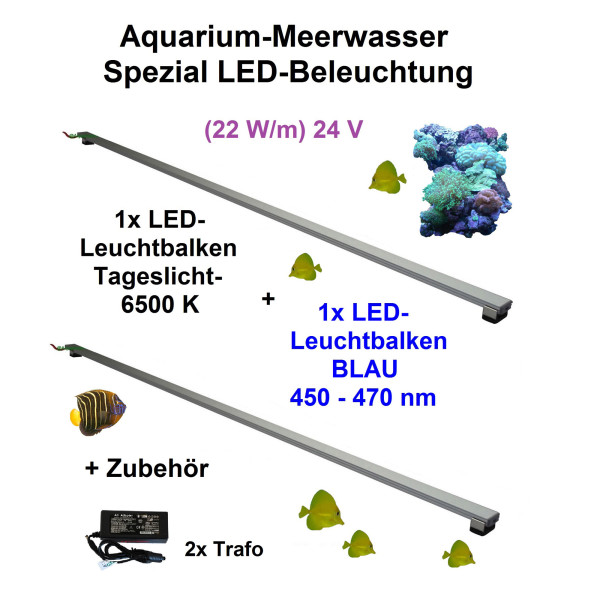 Meerwasser Aquarium - LED-Leuchtbalken 170cm, 2 Leisten, Tageslicht + Blau + 2 x 60W Trafo