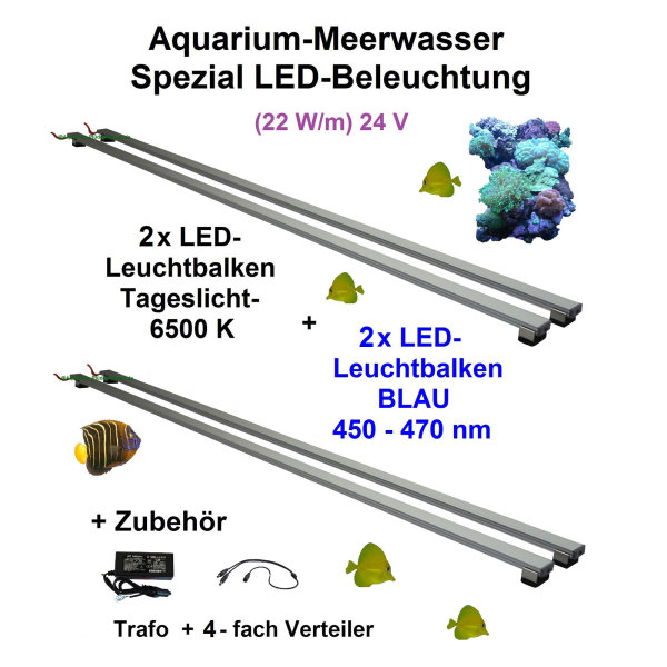 Meerwasser Aquarium - LED-Leuchtbalken 60cm, 4 Leisten, 2xTageslicht + 2x Blau mit Trafo 60W und Verteiler