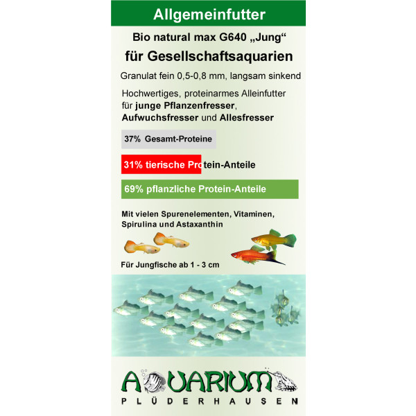 Bio natural max, Alleinfutter G640 für Jungfische, Premium Granulat 0,5 - 0,8 mm, 50g / 100ml