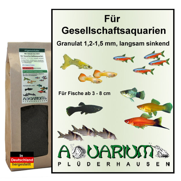 Futter speziell f. Gesellschaftsaquarien, Zierfische in Süßwasseraquarium, Gran 1,2-1,5 mm, 400g / 1000ml
