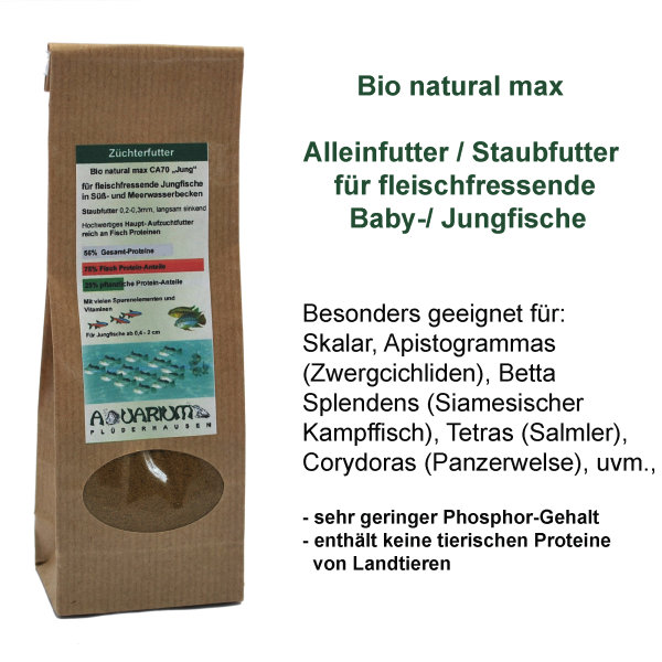 Bio natural max, Alleinfutter CA70 für fleischfressende Jungfische, Staubfutter 0,2 - 0,3 mm, 55g / 100ml