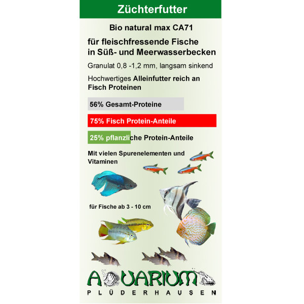 Bio natural max, Alleinfutter CA71 für fleischfressende Fische, Granulat 0,8 - 1,2 mm, 140g / 250ml