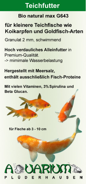 Bio natural max, Teich-Zierfischfutter, G643 Special, Granulat 2 mm, 117g / 250ml